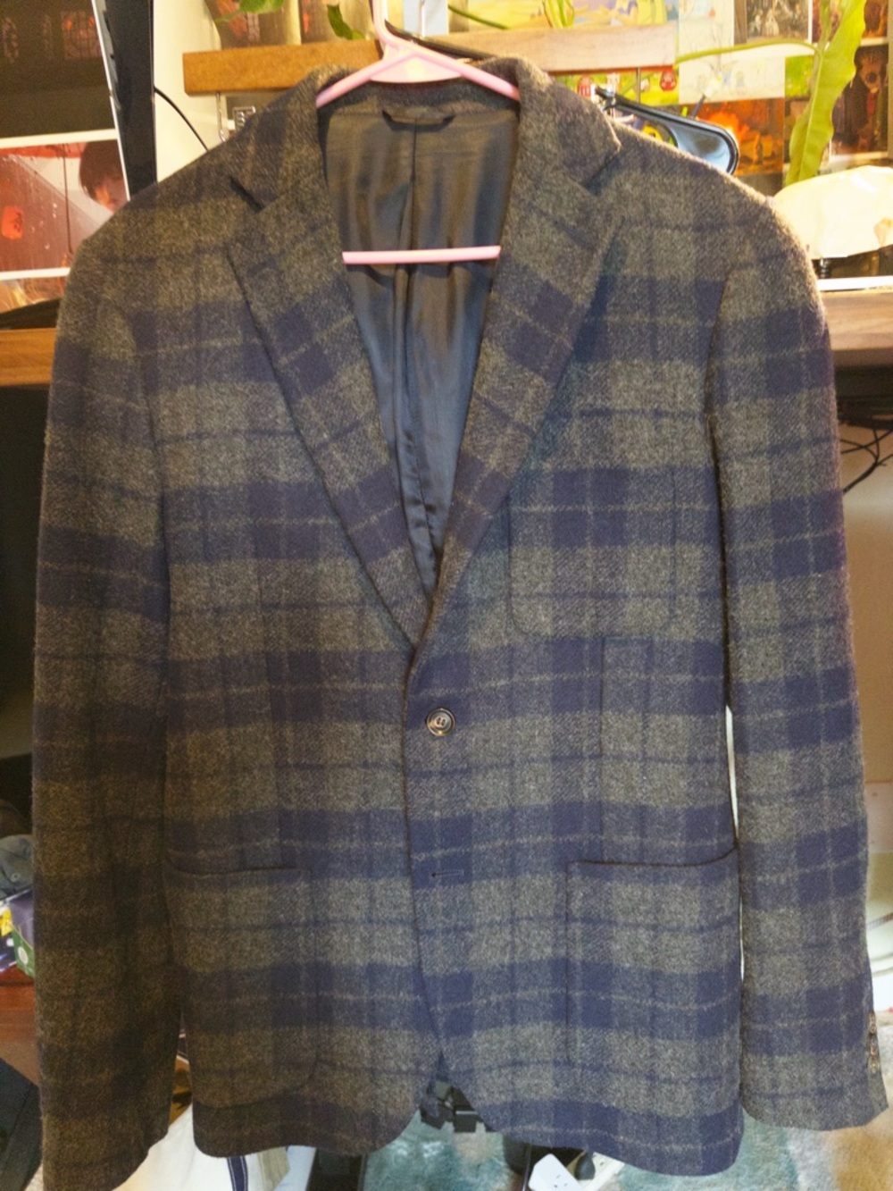 Men's Navy and Olive Plaid Wool Blazer